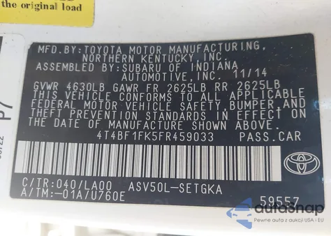 2015 Toyota Camry Xle from USA, damaged, VIN 4T4BF1FK5FR459033